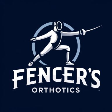 Logo with a cartoon saber fencer in lunge position, text says "Fencer's Orthotics"